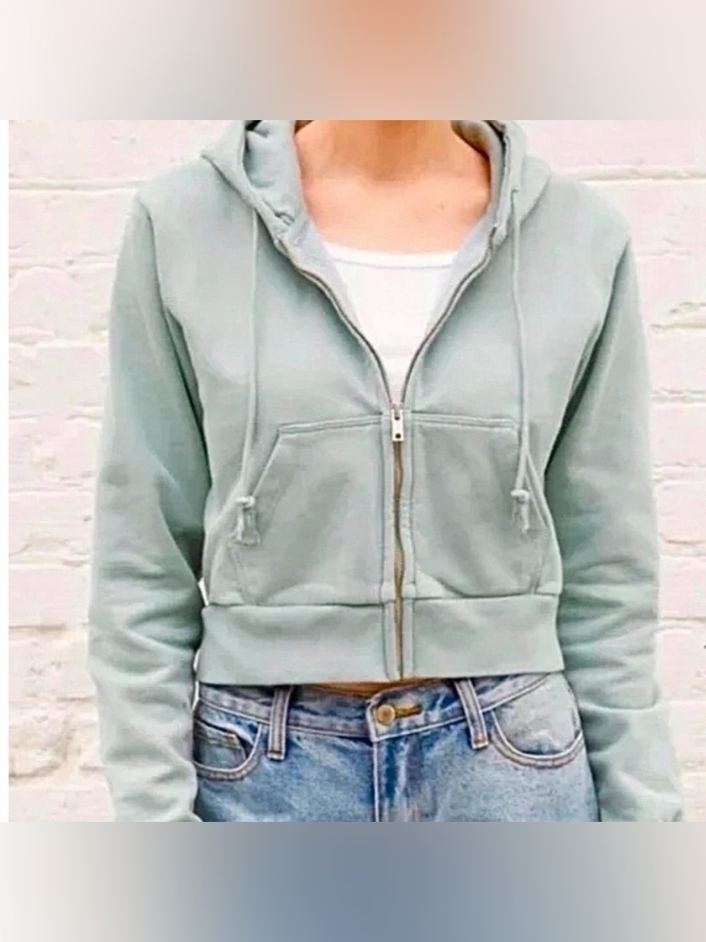 John Galt Brandy Melville Sage Green Cropped Full Zip Sweatshirt Hoodie One Size